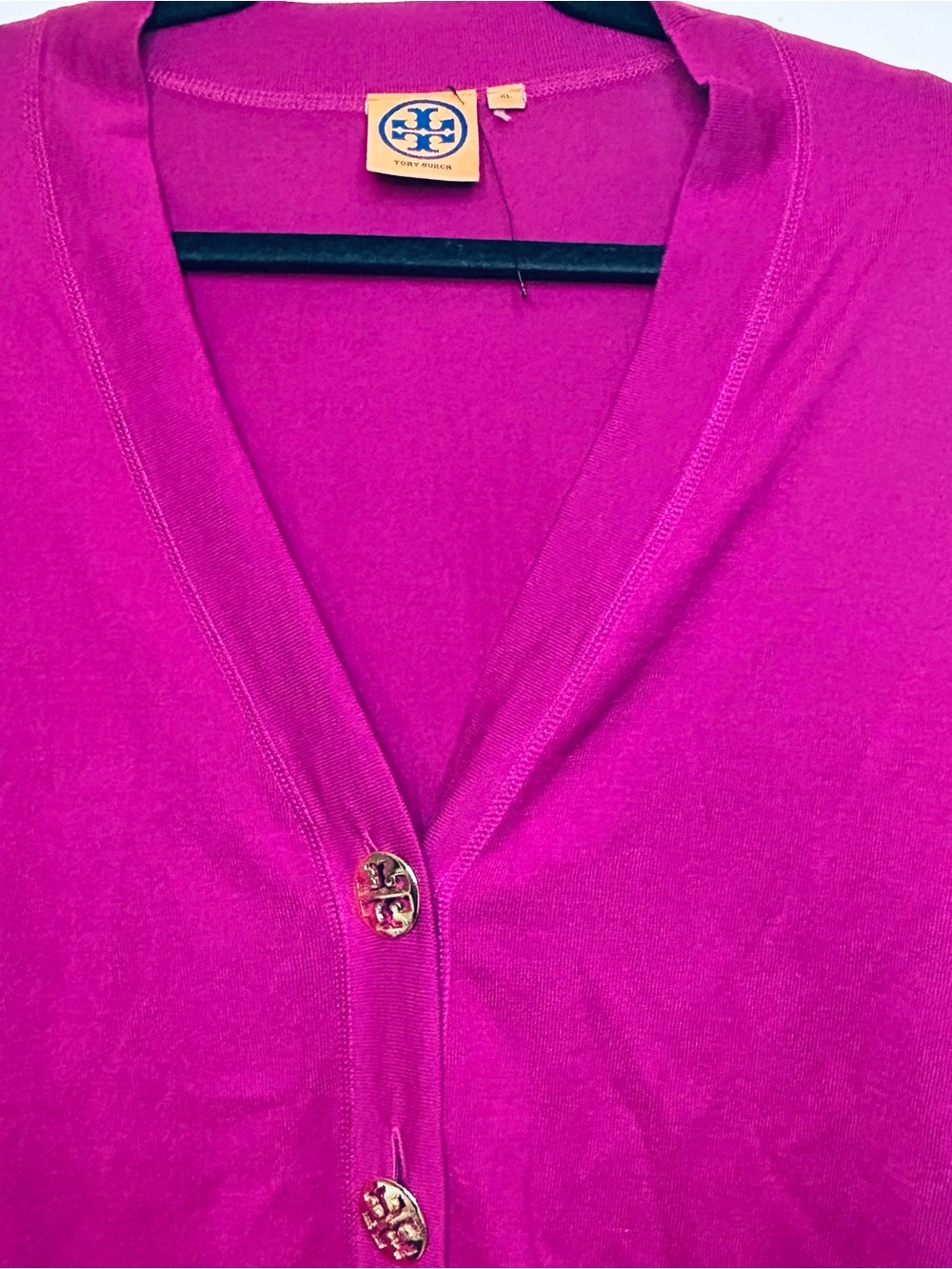 Tory Burch XL Magenta V-Neck Button Front Women's Cardigan 100% cotton Sweater - Picture 2 of 6